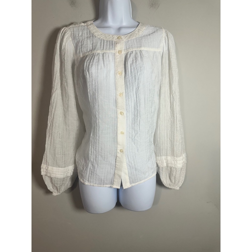 LOFT White Sheer Textured Button Down Blouse Small Boho Romantic Top